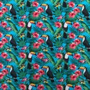 100% Cotton Poplin Fabric – Tropical Toucan & Hibiscus Print – Jungle Leaves Dressmaking & Craft Fabric – White, Turquoise or Mustard - Bull Ring Fabrics