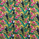 100% Cotton Poplin Fabric – Tropical Toucan & Hibiscus Print – Jungle Leaves Dressmaking & Craft Fabric – White, Turquoise or Mustard - Bull Ring Fabrics