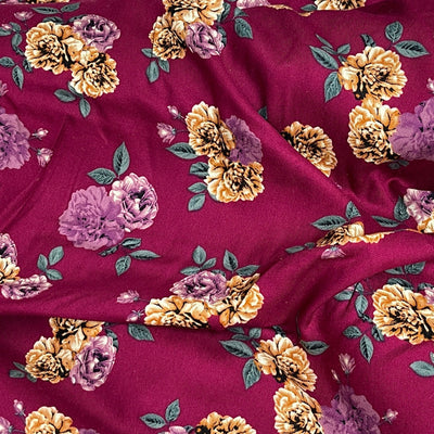 100% Viscose Floral Roses Summer Dress Fabric 60", Wine - Bull Ring Fabrics