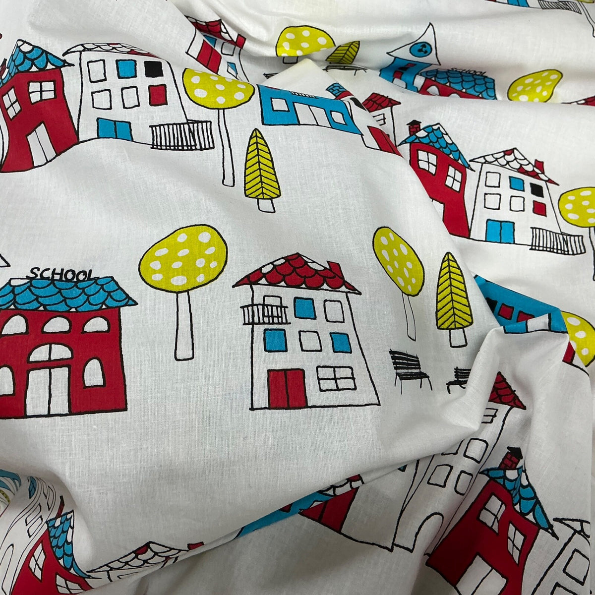 School Buildings Kids Print Cotton Fabric, Nursery Curtains & Blinds 140cm, White - image 5 - Bull Ring Fabrics