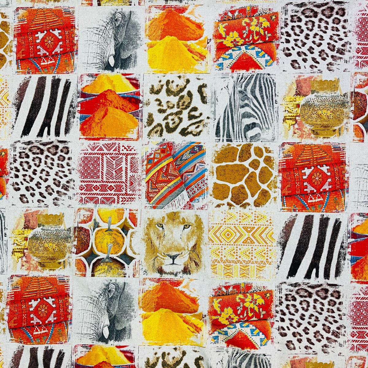 Safari Animal Patchwork Cotton Fabric, Lion, Zebra & Leopard Print 147cm - Bull Ring Fabrics