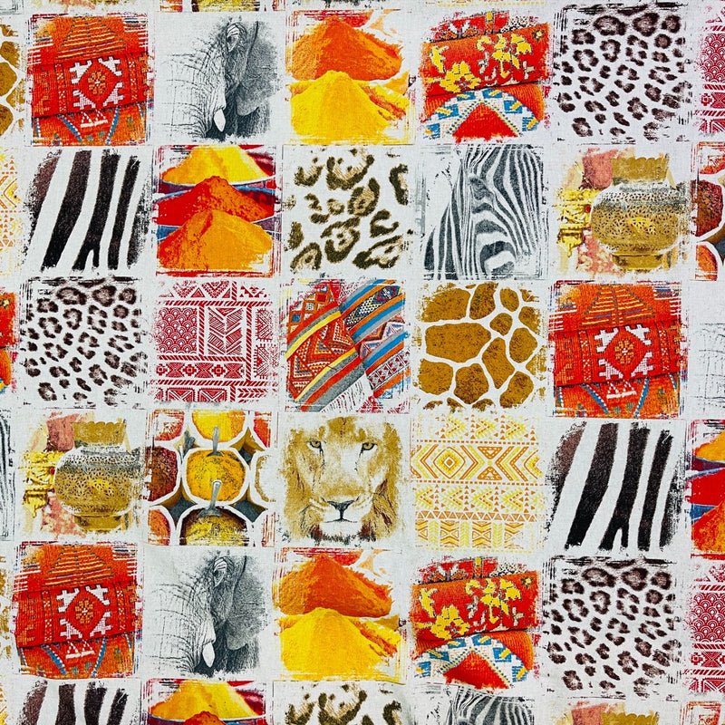 Safari Animal Patchwork Cotton Fabric, Lion, Zebra & Leopard Print 147cm - Bull Ring Fabrics