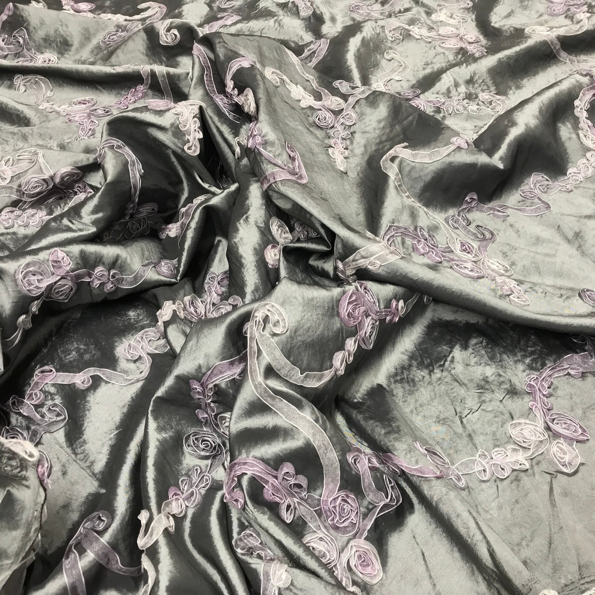 Grey Ribbon Organza Floral Embroidered Taffeta Fabric - image 2 - Bull Ring Fabrics