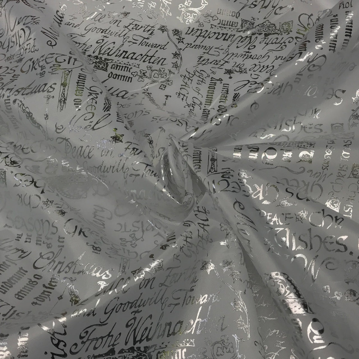 White Silver Metallic 'Christmas Greetings' Foil Taffeta Fabric - image 2 - Bull Ring Fabrics