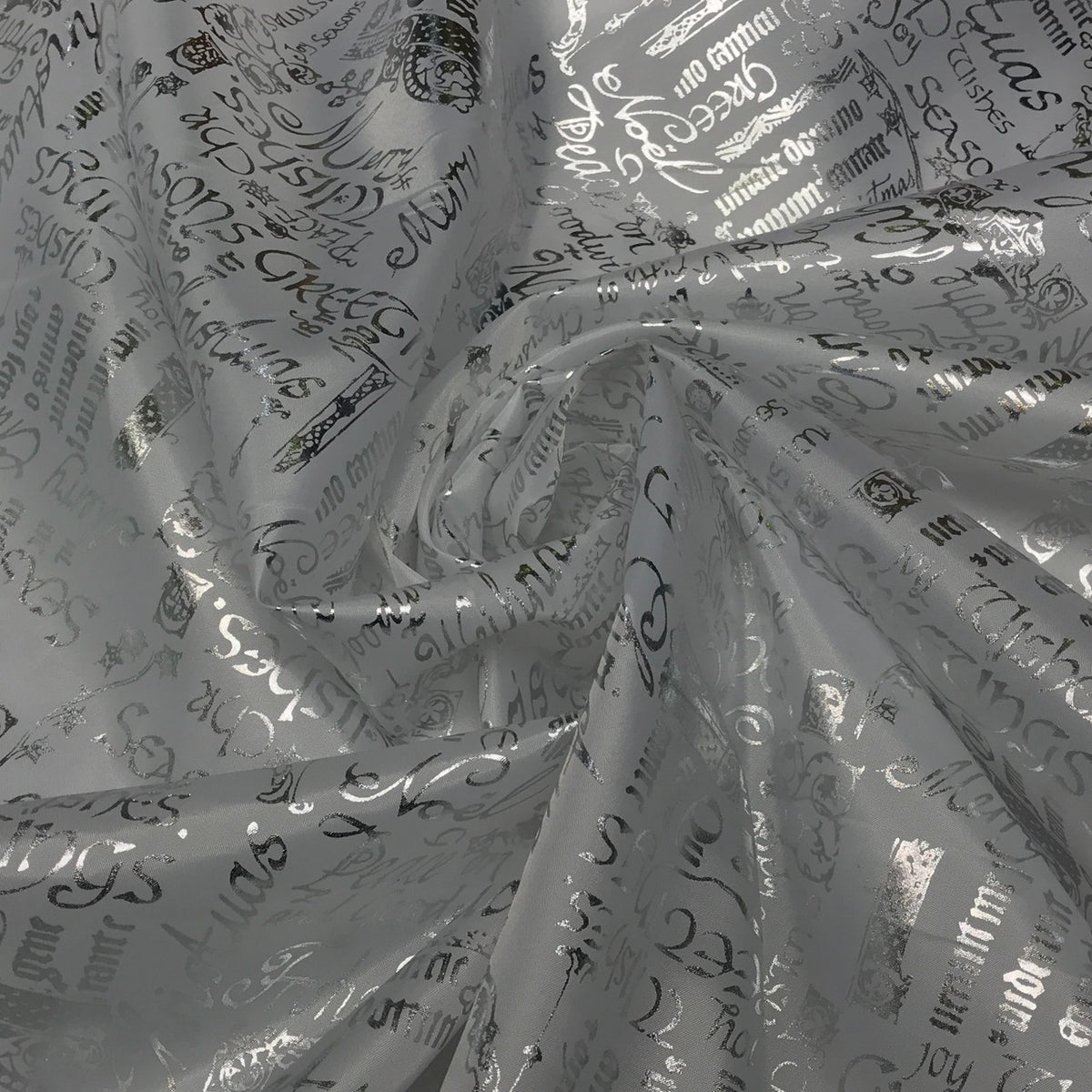 White Silver Metallic 'Christmas Greetings' Foil Taffeta Fabric - image 3 - Bull Ring Fabrics