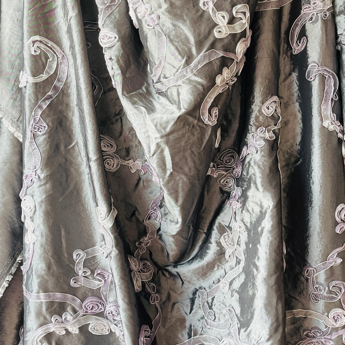 Grey Ribbon Organza Floral Embroidered Taffeta Fabric - image 5 - Bull Ring Fabrics