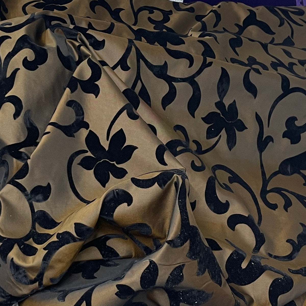 Black Velvet Flock Floral Faux Silk Taffeta Dress Fabric in Brown - image 1
