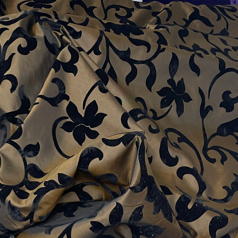 Black Velvet Flock Floral Faux Silk Taffeta Dress Fabric in Brown - image 1