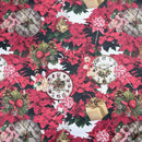 Christmas Poinsettia & Gingerbread Clocks Cotton Linen Fabric, Tablecloth 140cm - Bull Ring Fabrics