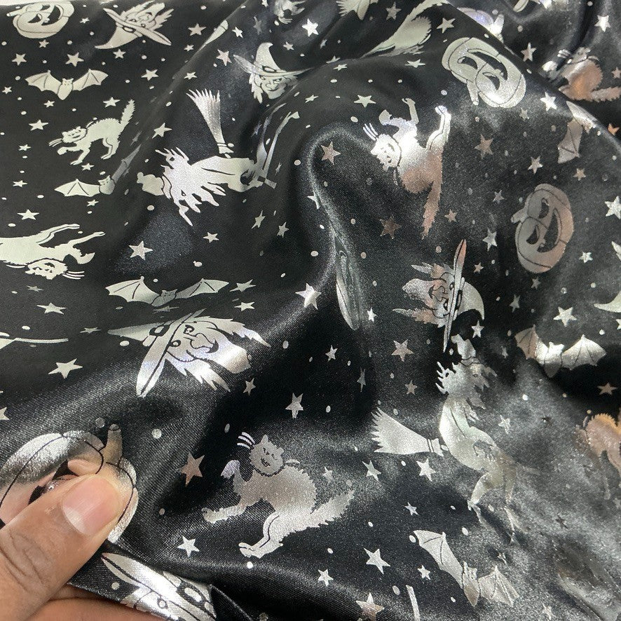 Black Halloween Bats Witches Pumpkins Silver Foil Taffeta Fabric - image 10 - Bull Ring Fabrics