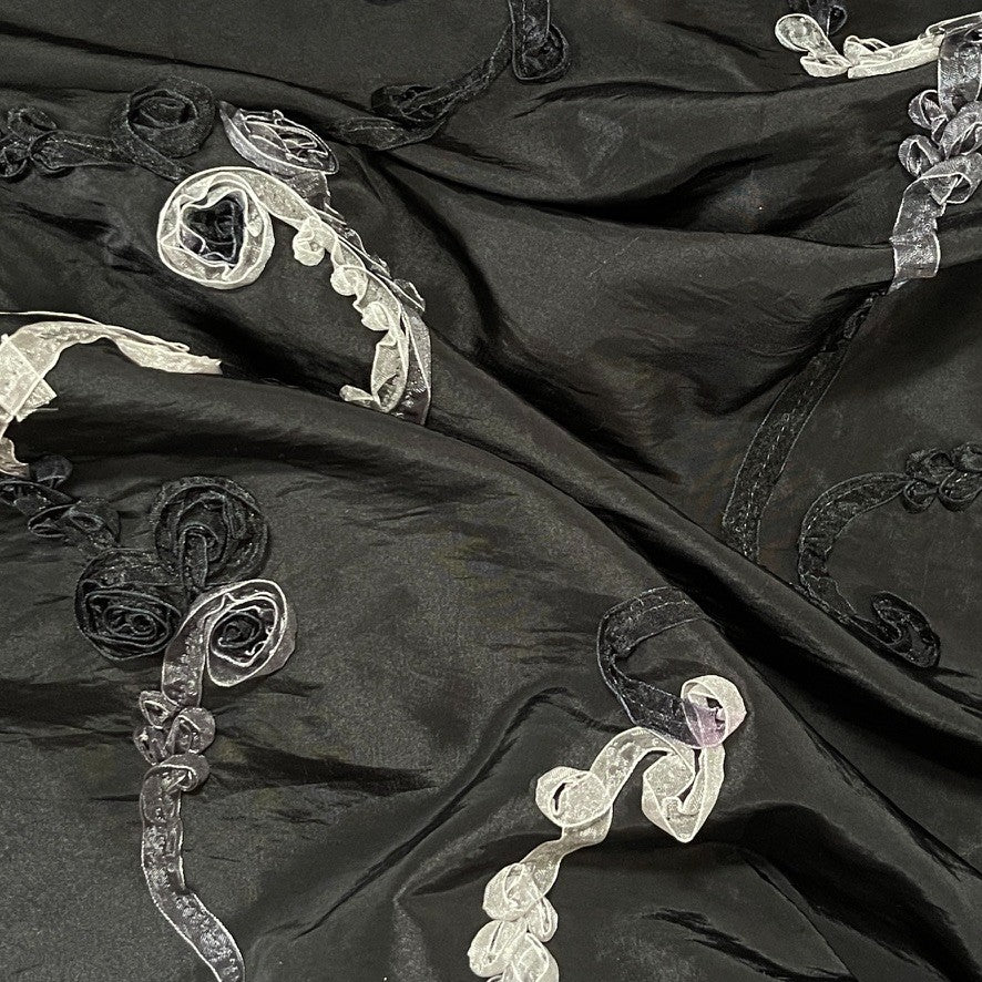 Black 3D Floral Ribbon Organza Embroidered Taffeta Fabric - image 8 - Bull Ring Fabrics
