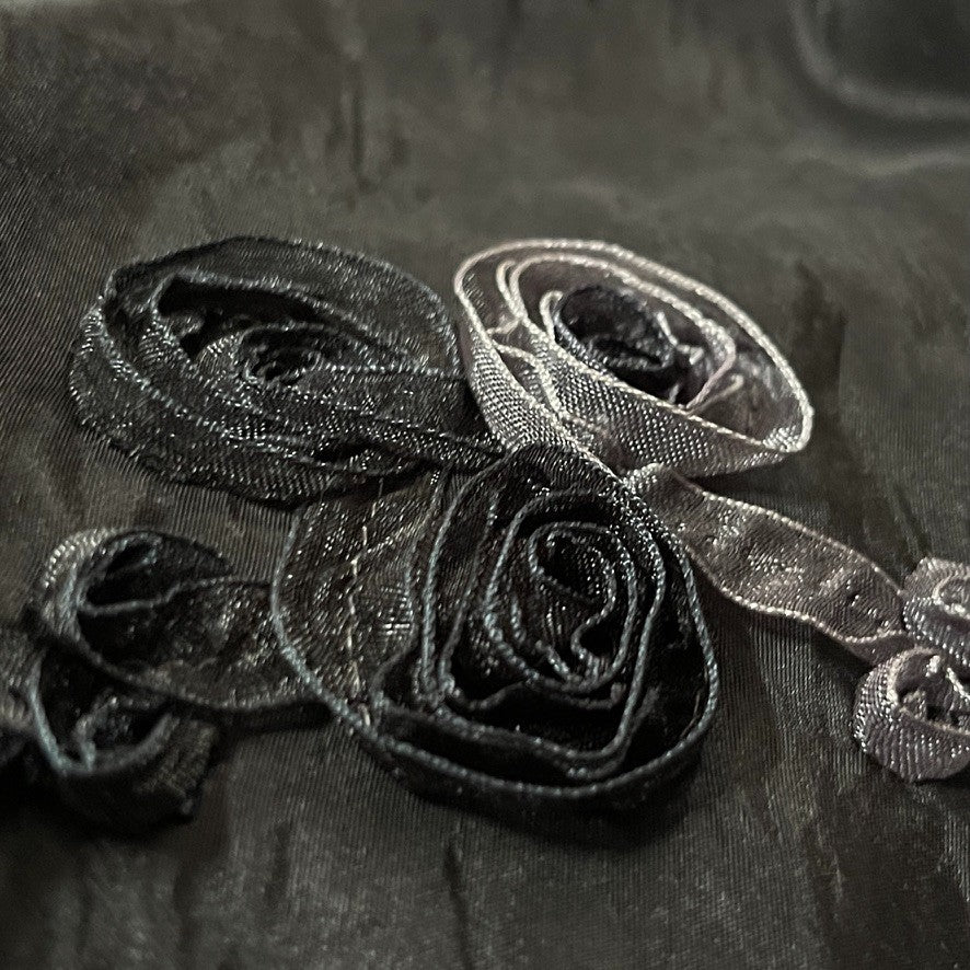 Black 3D Floral Ribbon Organza Embroidered Taffeta Fabric - image 3 - Bull Ring Fabrics