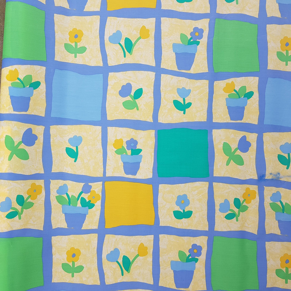 Waterproof Plastic Ripstop Shower Curtain and Blind Fabric - Flower Pots design, Teal Green and Blue