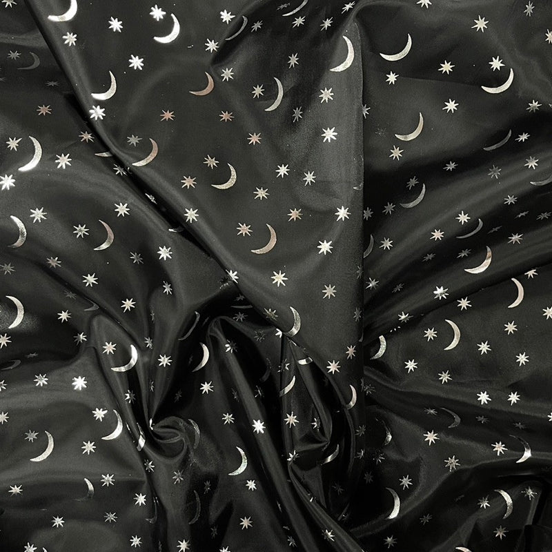 Black Halloween Silver Stars and Moon Foil Taffeta Fabric - image 5 - Bull Ring Fabrics