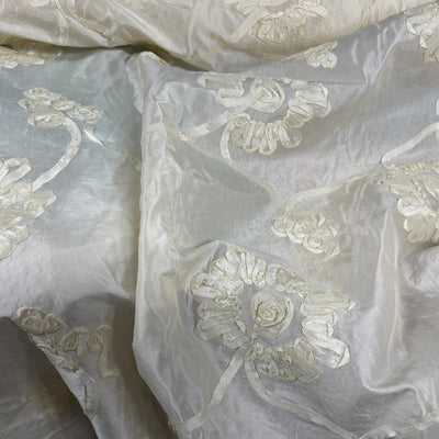 Cream Ribbon Sunflower Embroidered Taffeta Fabric - Bull Ring Fabrics