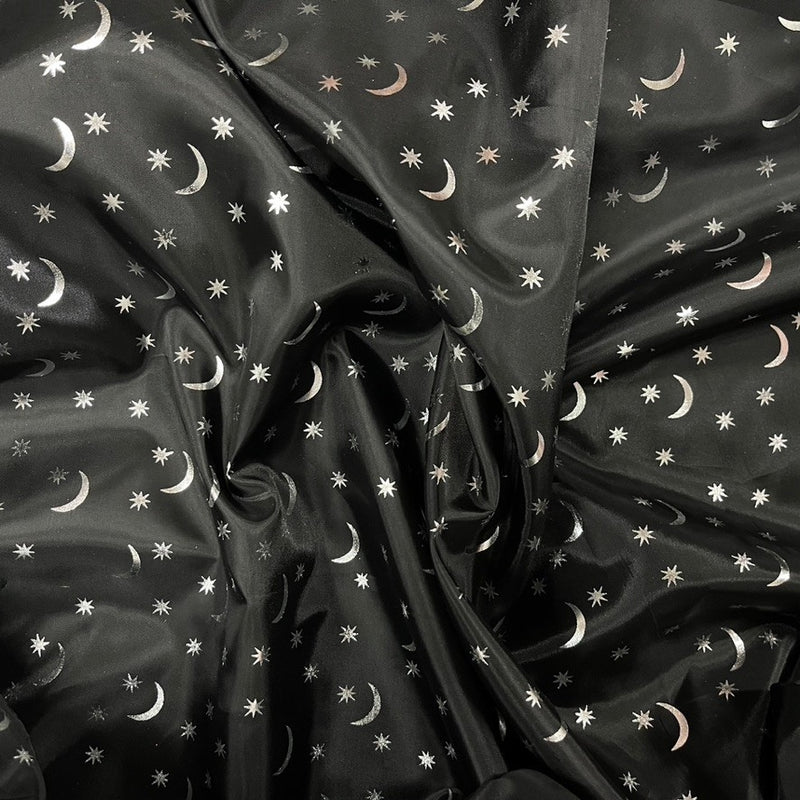 Black Halloween Silver Stars and Moon Foil Taffeta Fabric - Bull Ring Fabrics