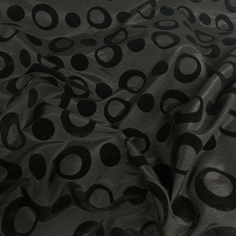 Black Retro Spots Velvet Flocked Taffeta Fabric - Bull Ring Fabrics
