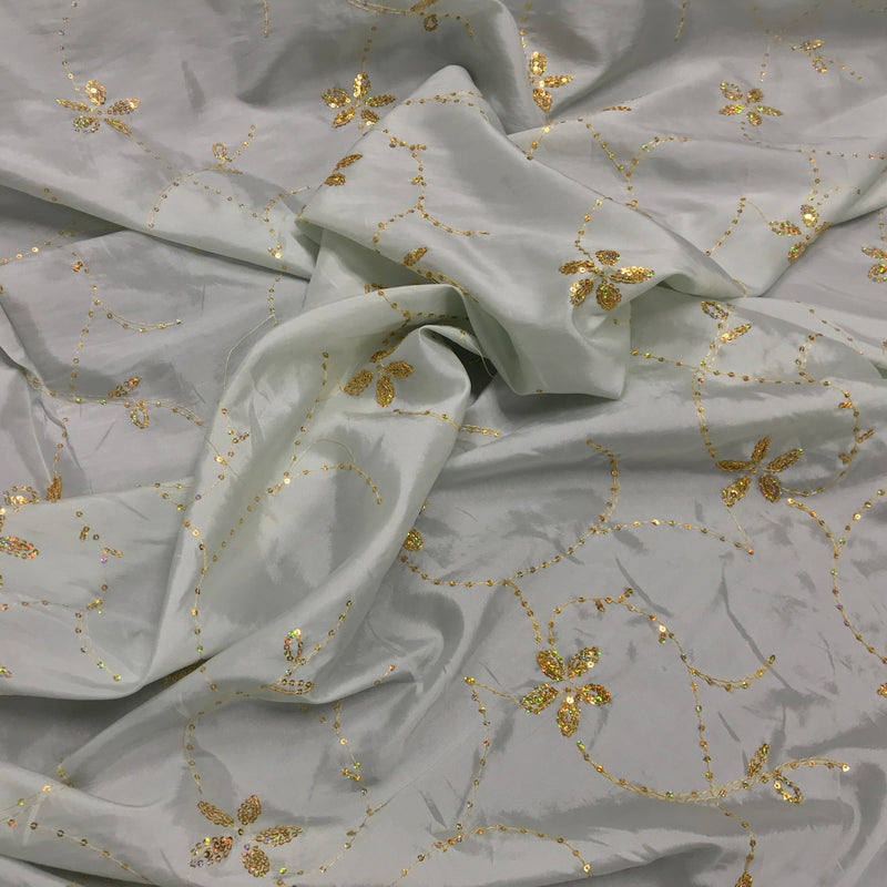 Pale Blue Gold Floral Sequin Embroidered Taffeta Fabric - Bull Ring Fabrics