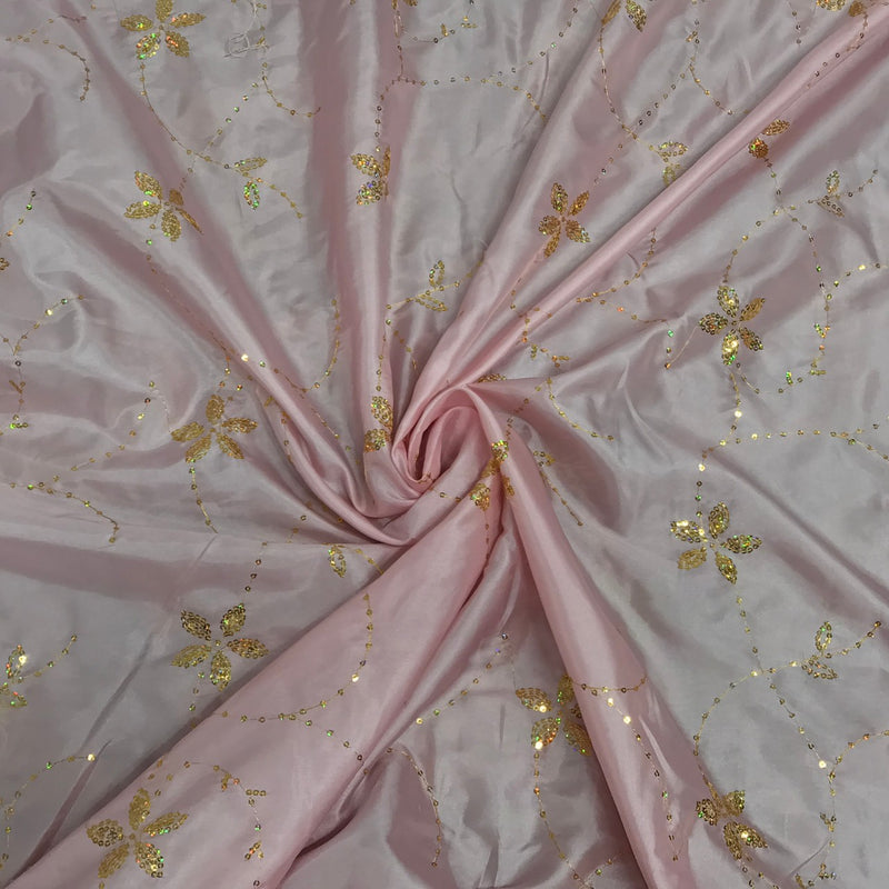 Pink Gold Floral Sequin Embroidered Taffeta Fabric - Bull Ring Fabrics