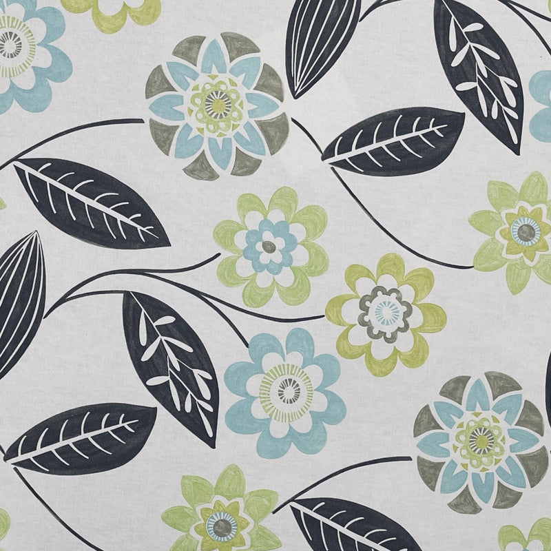 Lime Green & Blue Floral 100% Cotton Furnishing Fabric, Ivory 140cm - Bull Ring Fabrics