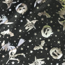 Black Halloween Bats Witches Pumpkins Silver Foil Taffeta Fabric - image 2 - Bull Ring Fabrics