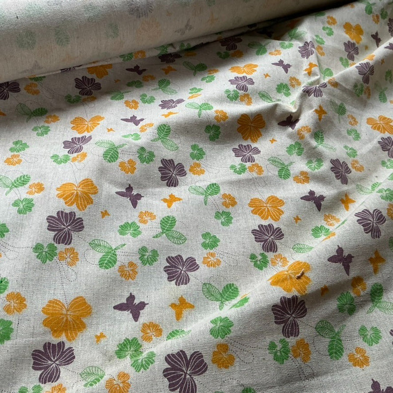 Colourful Butterflies & Flowers Linen Look Fabric, Curtain & Upholstery 140cm - Bull Ring Fabrics