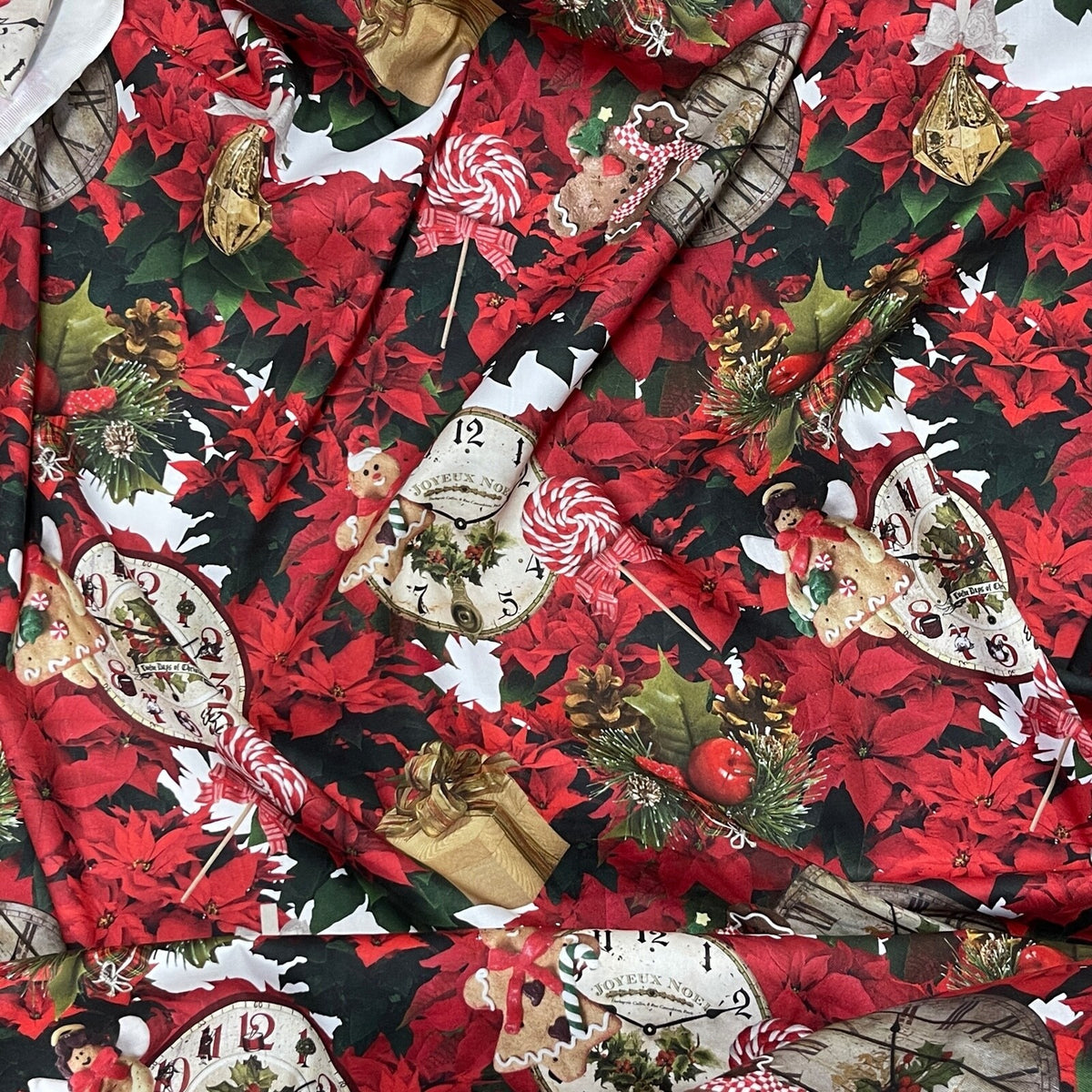Christmas Poinsettia & Gingerbread Clocks Cotton Linen Fabric, Tablecloth 140cm - image 5 - Bull Ring Fabrics