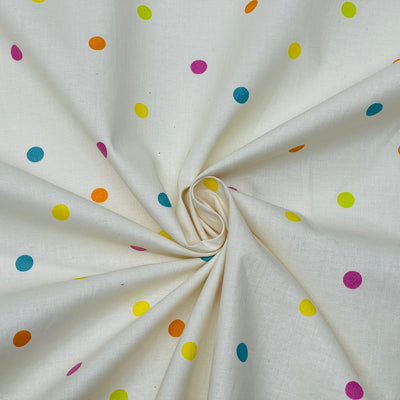 Polka Dot Spotty Cotton Craft Fabric, Multicolour Spots on Cream 140cm, Tutti - Bull Ring Fabrics