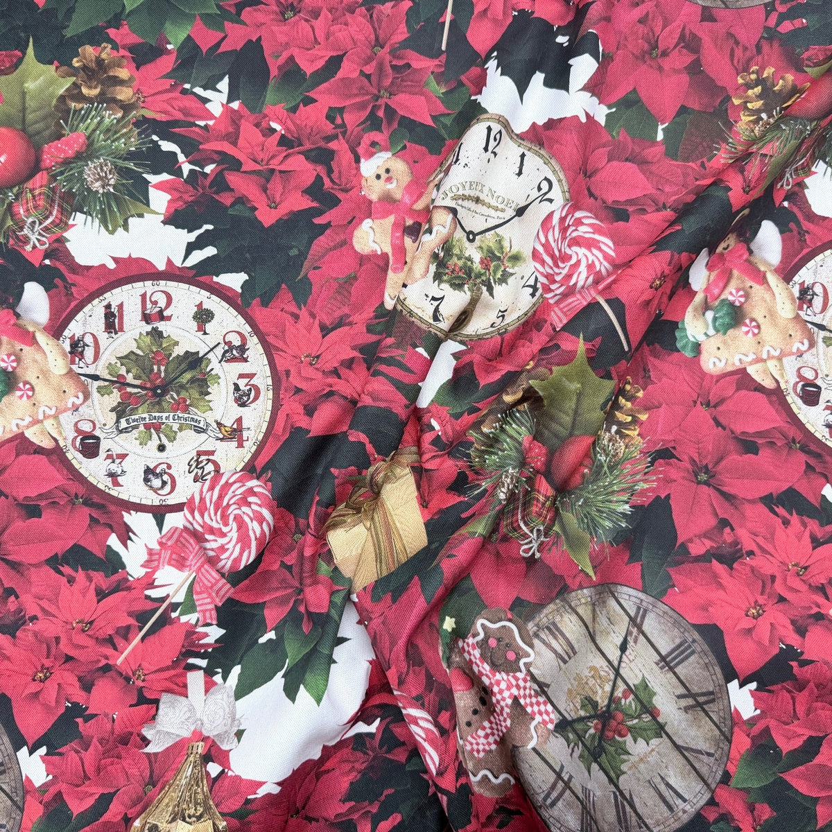 Christmas Poinsettia & Gingerbread Clocks Cotton Linen Fabric, Tablecloth 140cm - image 6 - Bull Ring Fabrics