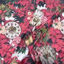 Christmas Poinsettia & Gingerbread Clocks Cotton Linen Fabric, Tablecloth 140cm - image 6 - Bull Ring Fabrics