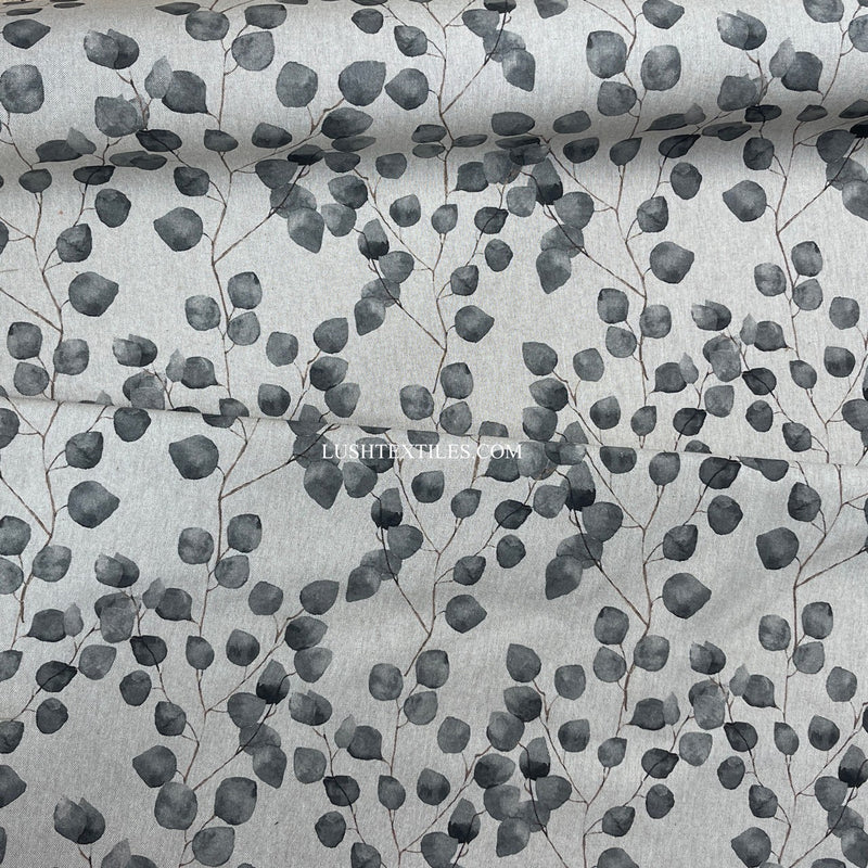 Grey & Natural Eucalyptus Money Leaf Linen Look Fabric, Upholstery 140cm - Bull Ring Fabrics