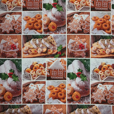 Christmas Pudding & Cookies Cotton Linen Fabric, Festive Tablecloth 140cm - Bull Ring Fabrics