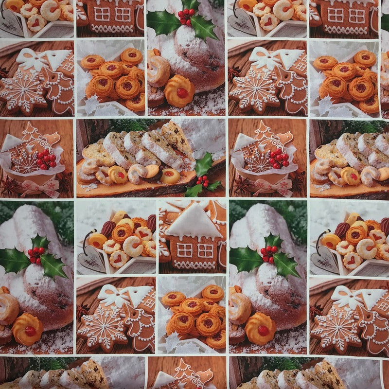 Christmas Pudding & Cookies Cotton Linen Fabric, Festive Tablecloth 140cm - Bull Ring Fabrics