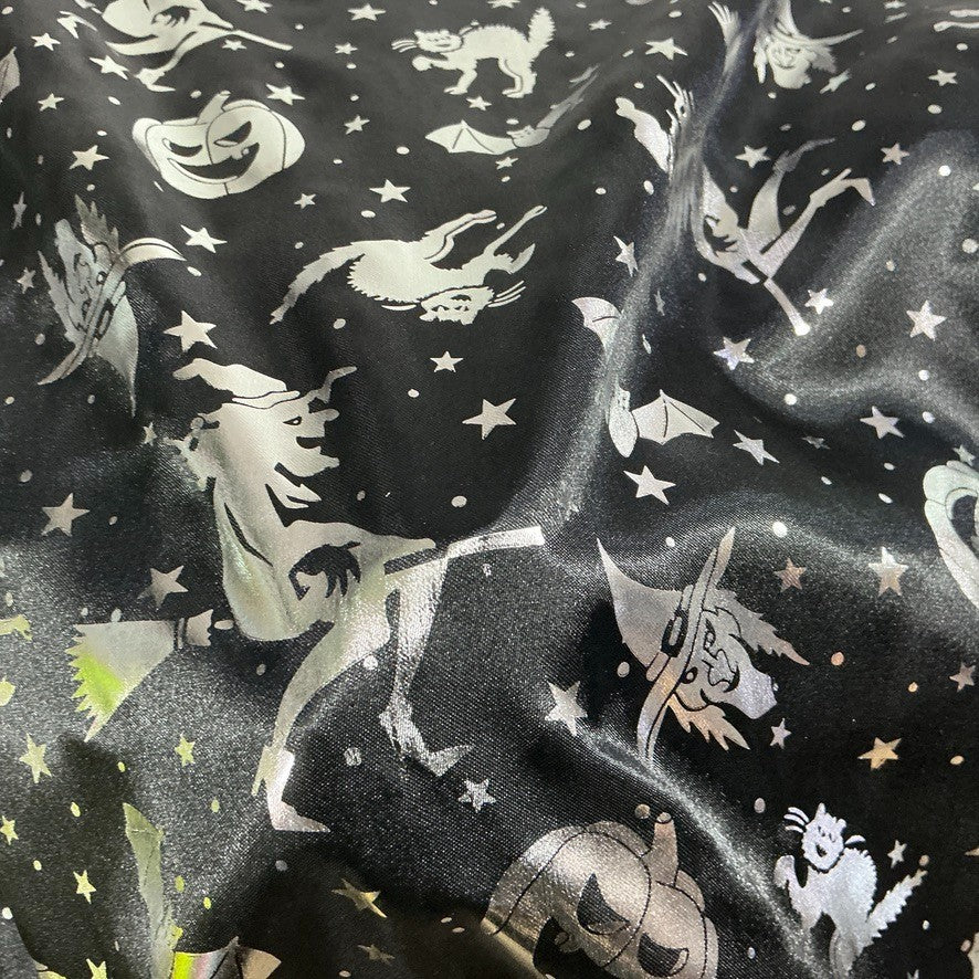 Black Halloween Bats Witches Pumpkins Silver Foil Taffeta Fabric - image 9 - Bull Ring Fabrics