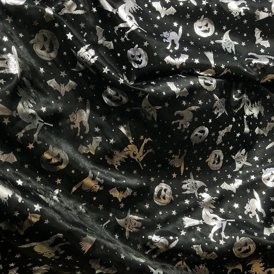 Black Halloween Bats Witches Pumpkins Silver Foil Taffeta Fabric - image 8 - Bull Ring Fabrics