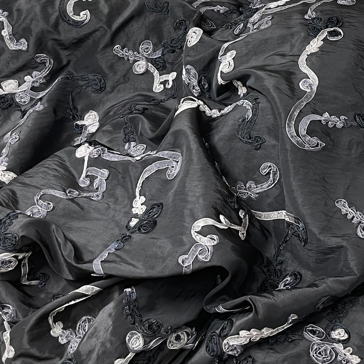 Black 3D Floral Ribbon Organza Embroidered Taffeta Fabric - image 4 - Bull Ring Fabrics