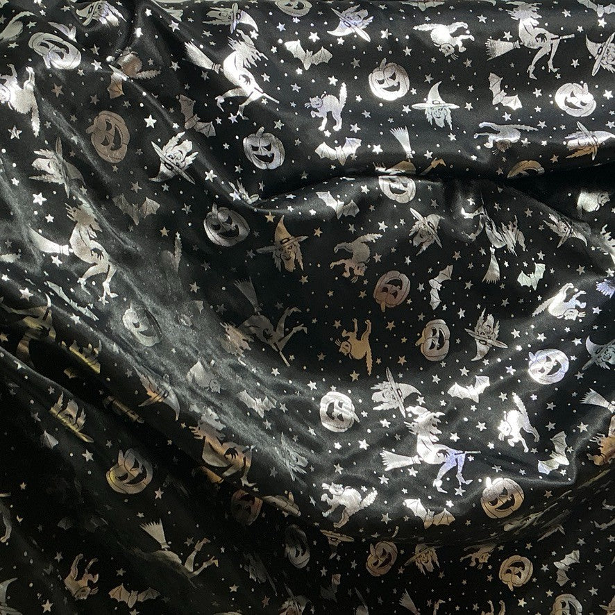 Black Halloween Bats Witches Pumpkins Silver Foil Taffeta Fabric - image 11 - Bull Ring Fabrics