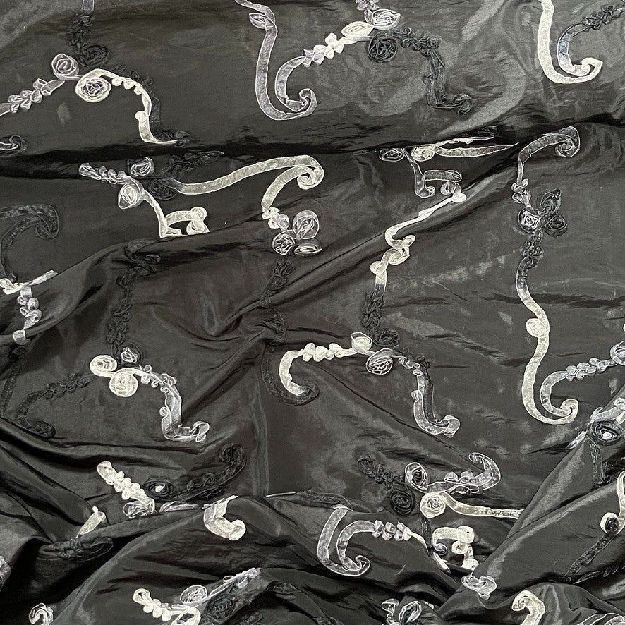 Black 3D Floral Ribbon Organza Embroidered Taffeta Fabric - image 2 - Bull Ring Fabrics