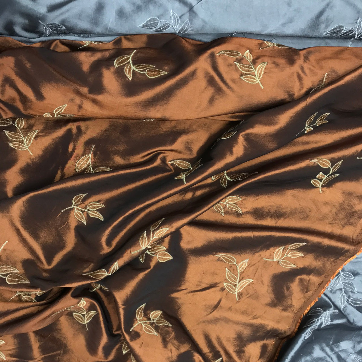 Silver 5 Leaf Embroidered Taffeta Fabric - image 2 - Bull Ring Fabrics