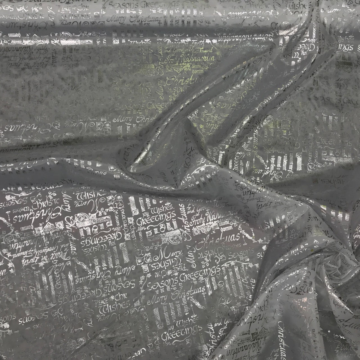 White Silver Metallic 'Christmas Greetings' Foil Taffeta Fabric - image 4 - Bull Ring Fabrics