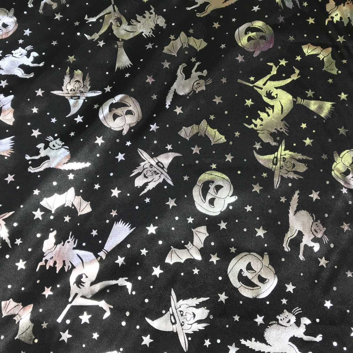 Black Halloween Bats Witches Pumpkins Silver Foil Taffeta Fabric - Bull Ring Fabrics