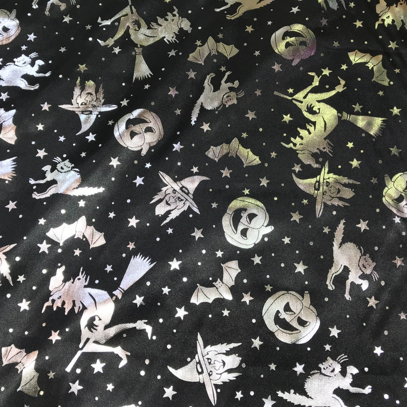 Black Halloween Bats Witches Pumpkins Silver Foil Taffeta Fabric - Bull Ring Fabrics