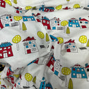 School Buildings Kids Print Cotton Fabric, Nursery Curtains & Blinds 140cm, White - Bull Ring Fabrics
