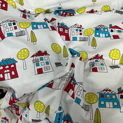 School Buildings Kids Print Cotton Fabric, Nursery Curtains & Blinds 140cm, White - Bull Ring Fabrics