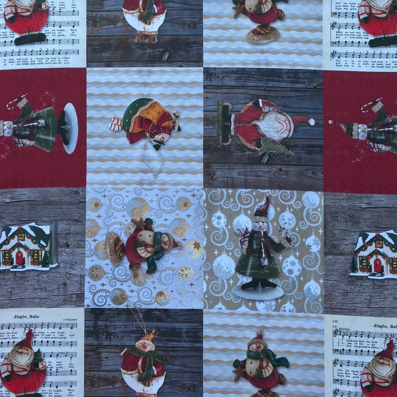 Christmas Gnome & Snowman Patchwork Cotton Linen Fabric, Jingle Bells 140cm - Bull Ring Fabrics