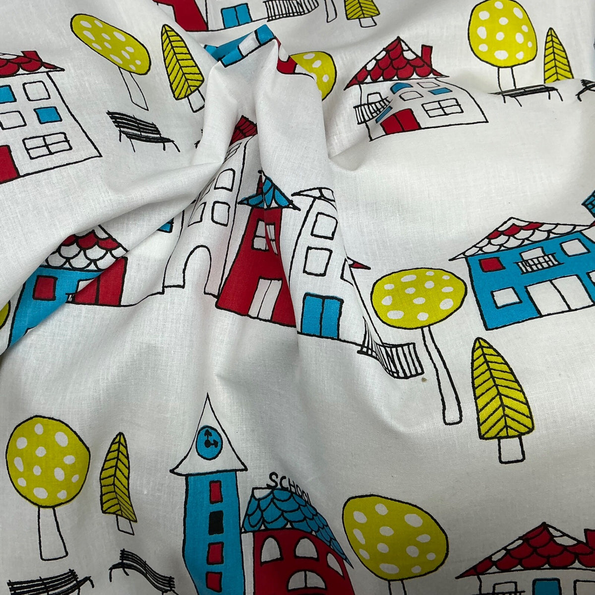 School Buildings Kids Print Cotton Fabric, Nursery Curtains & Blinds 140cm, White - image 3 - Bull Ring Fabrics