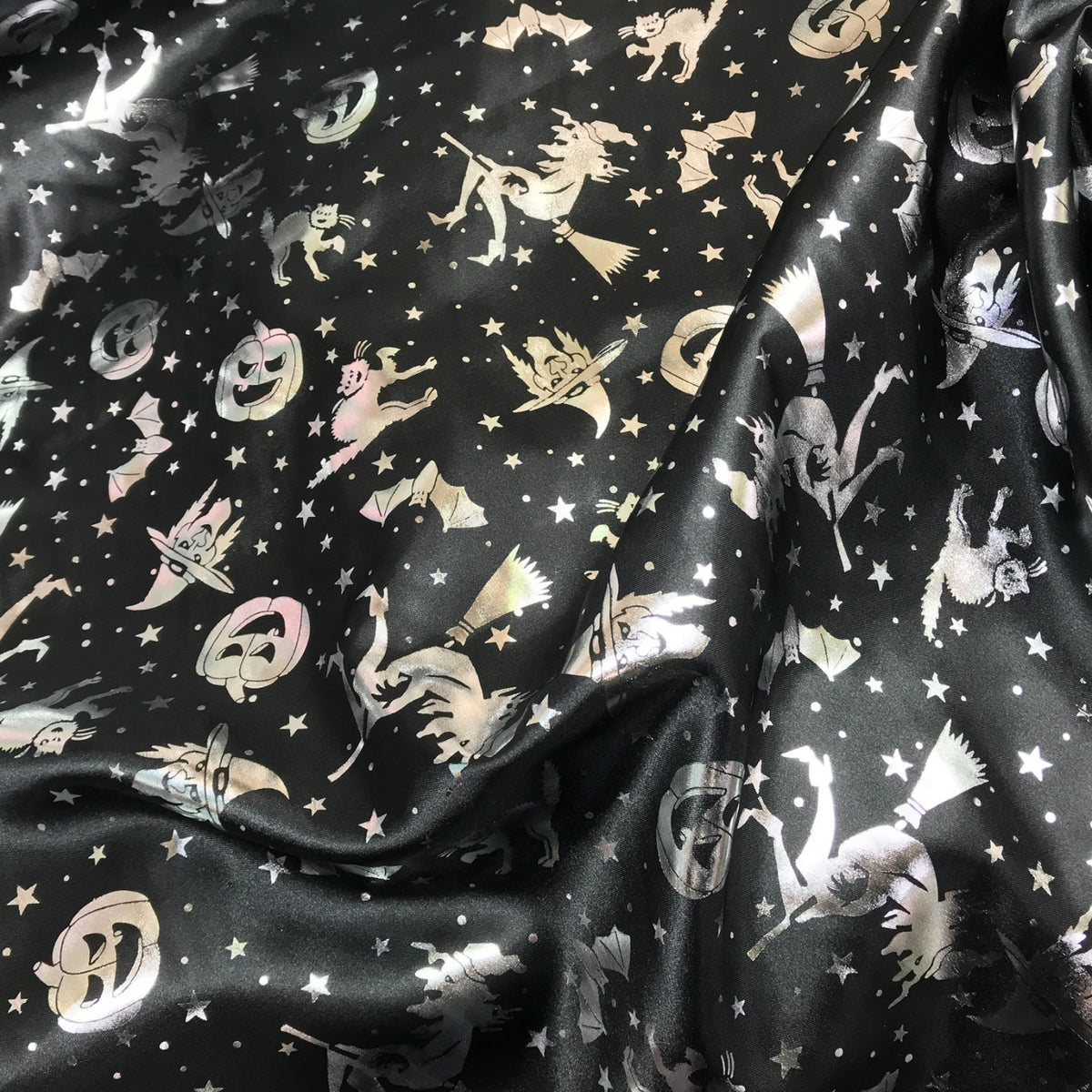 Black Halloween Bats Witches Pumpkins Silver Foil Taffeta Fabric - image 12 - Bull Ring Fabrics