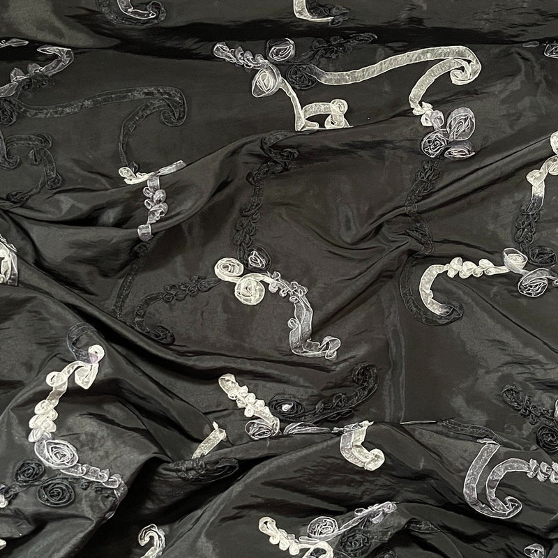 Black 3D Floral Ribbon Organza Embroidered Taffeta Fabric - Bull Ring Fabrics