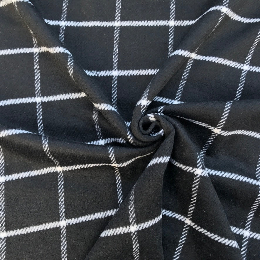 10m Large White Checks Tartan Wool Blend Fabric, Black - Bull Ring Fabrics