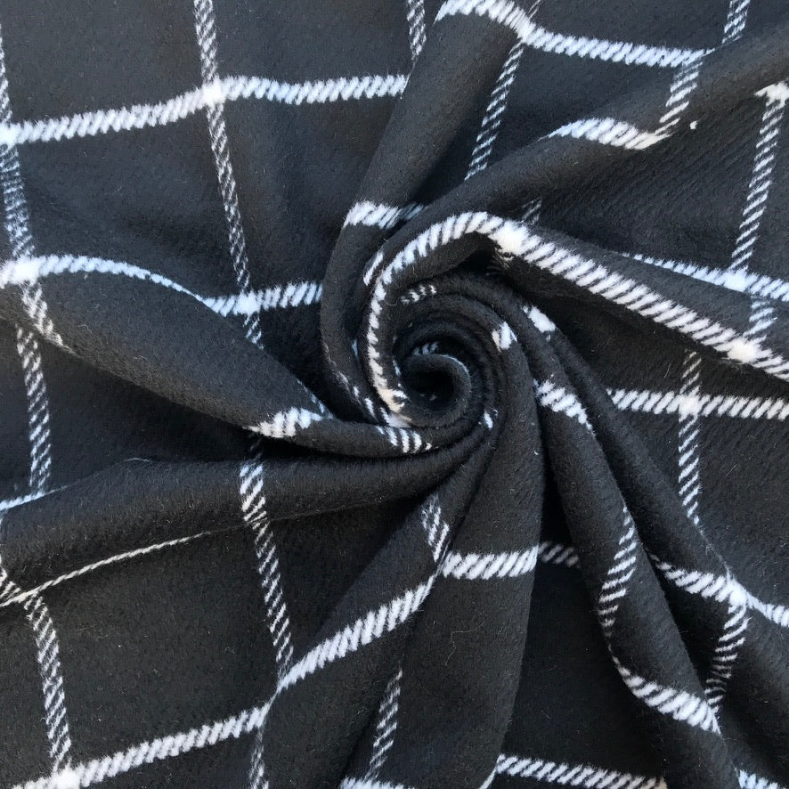 10m Large White Checks Tartan Wool Blend Fabric, Black - Bull Ring Fabrics